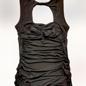 NWOT Maurices STUDIO Y Black Dressy Top w/Ruching & LACE INSERTS down sides SZ S